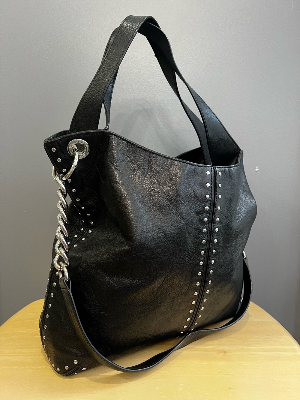 Michael Kors Astor Smooth Tortuga black leather tote with chains & silver studs
